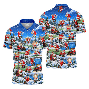 Snowy Santa Golf Pattern Christmas Golf Shirt, Funny Mens Golf Shirts, Mens Golf Polo