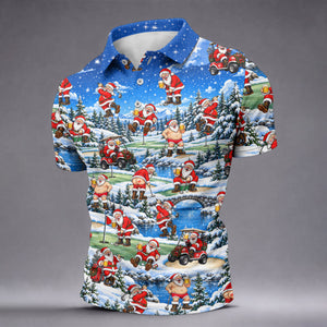 Snowy Santa Golf Pattern Christmas Golf Shirt, Funny Mens Golf Shirts, Mens Golf Polo