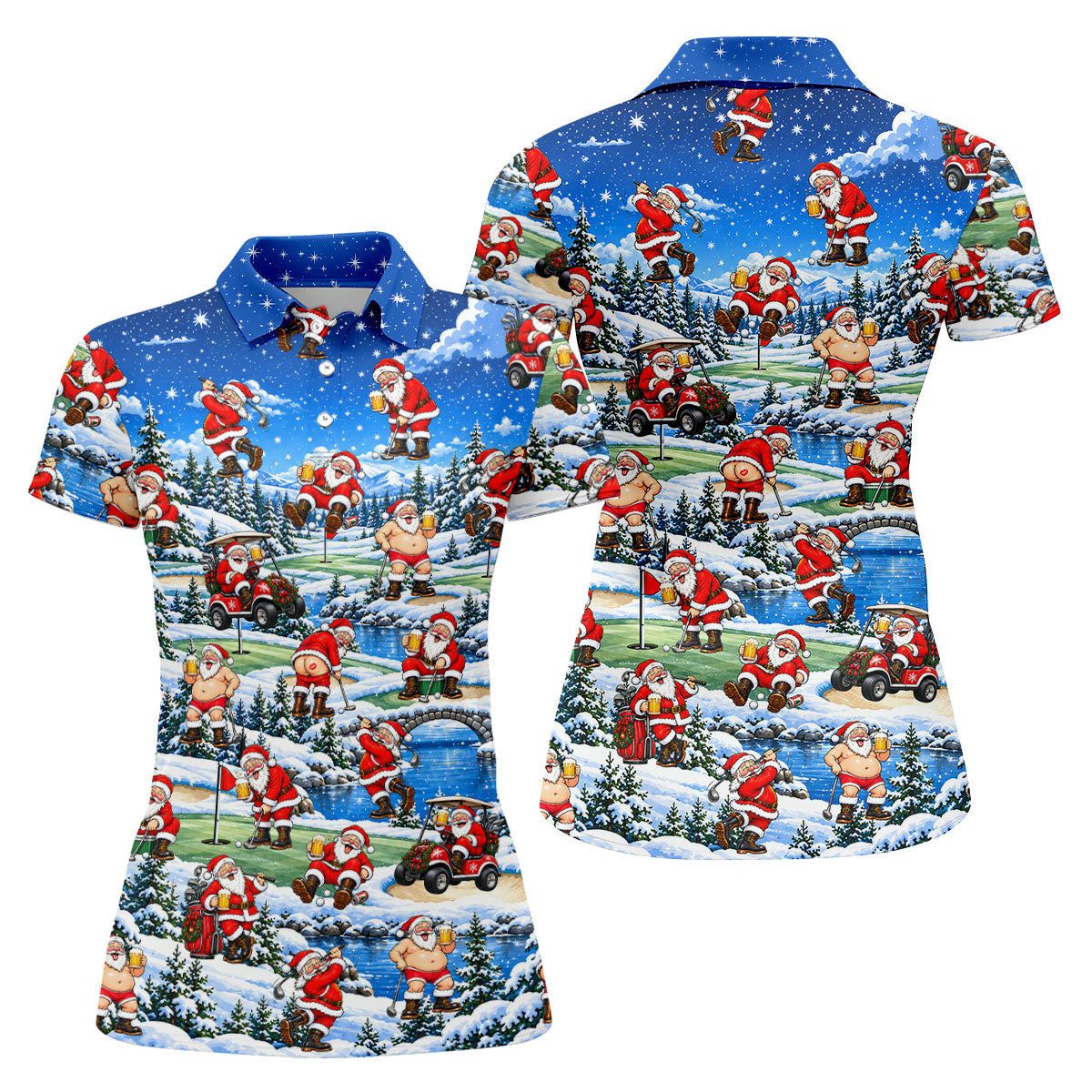 Snowy Santa Golf Pattern Christmas Golf Shirt, Womens Golf Shirts, Ladies Golf Shirts