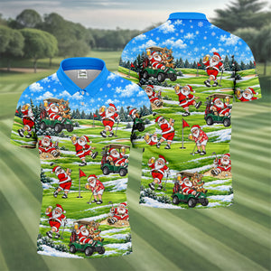 Santa Golf Course Pattern Christmas Golf Shirt, Golf Gifts For Men, Golf Polo For Men