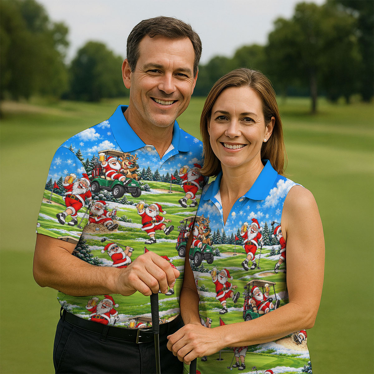 Santa Golf Course Pattern Christmas Golf Shirt, Golf Gifts For Men, Golf Polo For Men