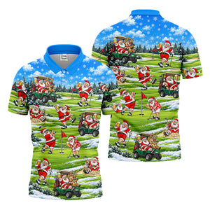 Santa Golf Course Pattern Christmas Golf Shirt, Golf Gifts For Men, Golf Polo For Men