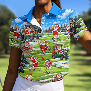 Santa Golf Course Pattern Christmas Golf Shirt, Ladies Golf Tops, Womens Golf Apparel