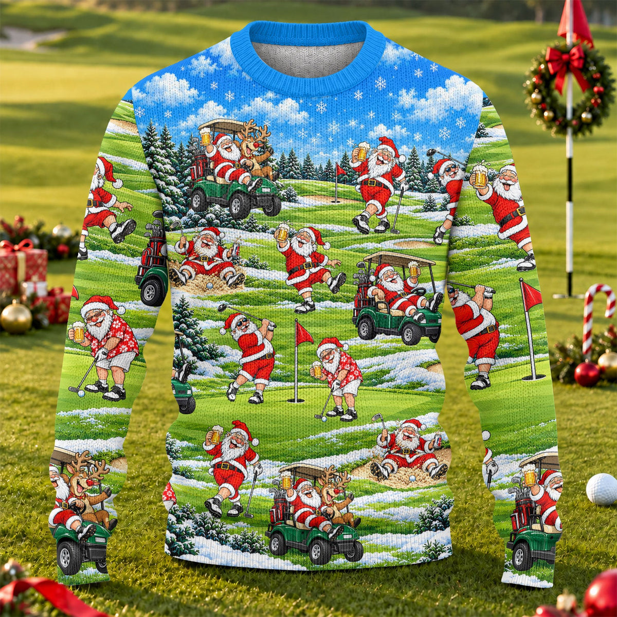 Santa Golf Course Pattern Ugly Christmas Sweater, Funny Xmas Gift, Ugly Sweater Party