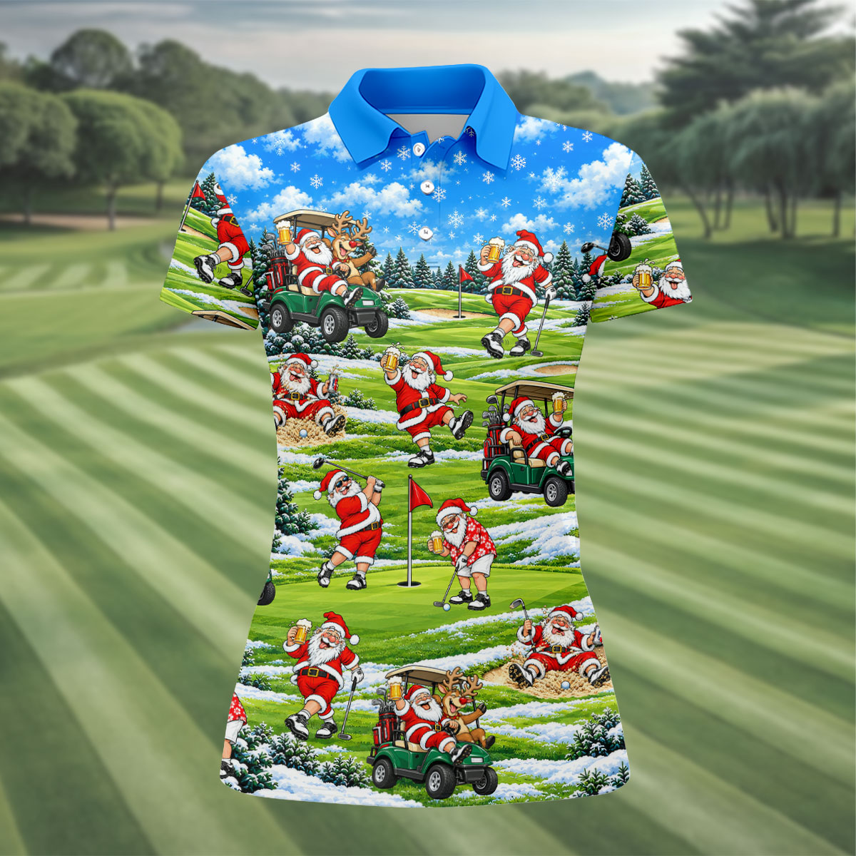 Santa Golf Course Pattern Christmas Golf Shirt, Ladies Golf Tops, Womens Golf Apparel