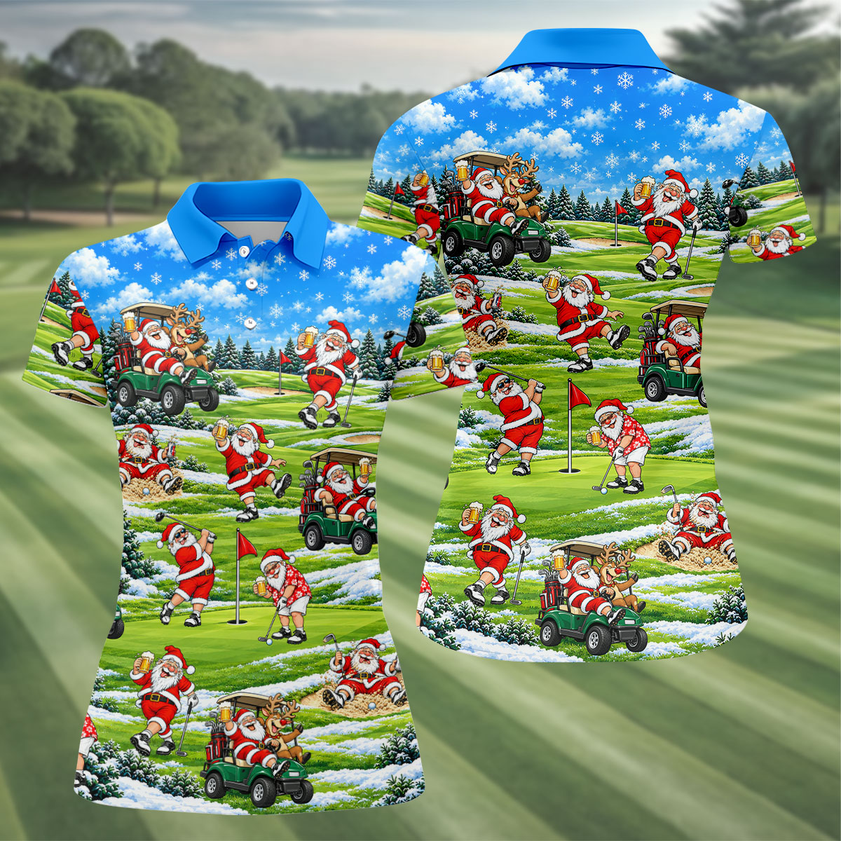 Santa Golf Course Pattern Christmas Golf Shirt, Ladies Golf Tops, Womens Golf Apparel