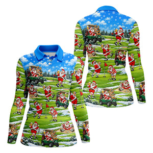 Santa Golf Course Pattern Christmas Golf Shirt, Ladies Golf Tops, Womens Golf Apparel