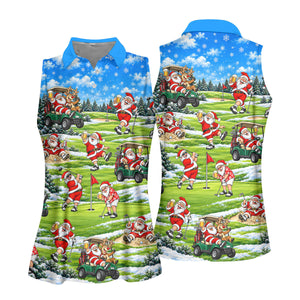 Santa Golf Course Pattern Christmas Golf Shirt, Ladies Golf Tops, Womens Golf Apparel