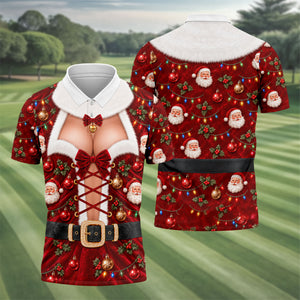 Santa Print Lace Up Corset Christmas Golf Shirt, Golf Gifts For Men, Mens Golf Polo