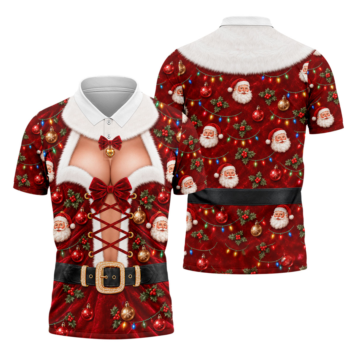 Santa Print Lace Up Corset Christmas Golf Shirt, Golf Gifts For Men, Mens Golf Polo