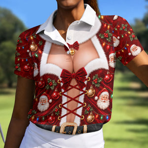 Santa Print Lace Up Corset Christmas Golf Shirt, Ladies Golf Tops, Womens Golf Tops