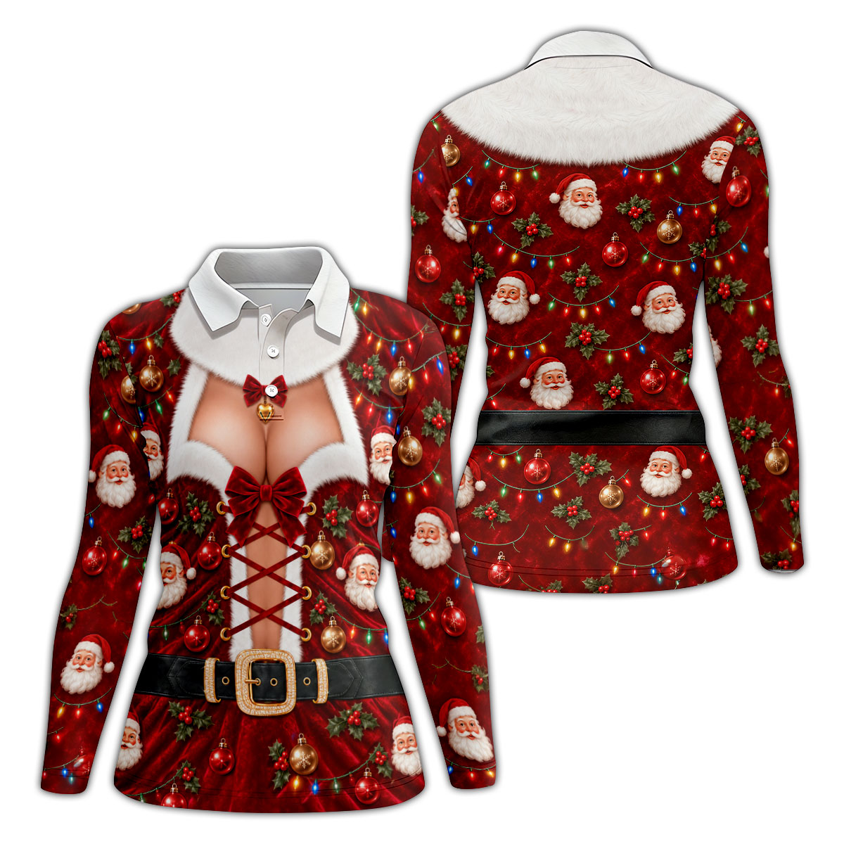 Santa Print Lace Up Corset Christmas Golf Shirt, Ladies Golf Tops, Womens Golf Tops