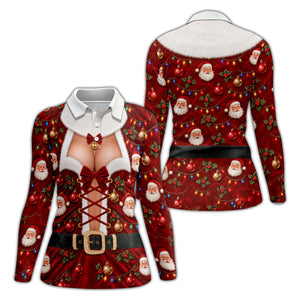 Santa Print Lace Up Corset Christmas Golf Shirt, Ladies Golf Tops, Womens Golf Tops
