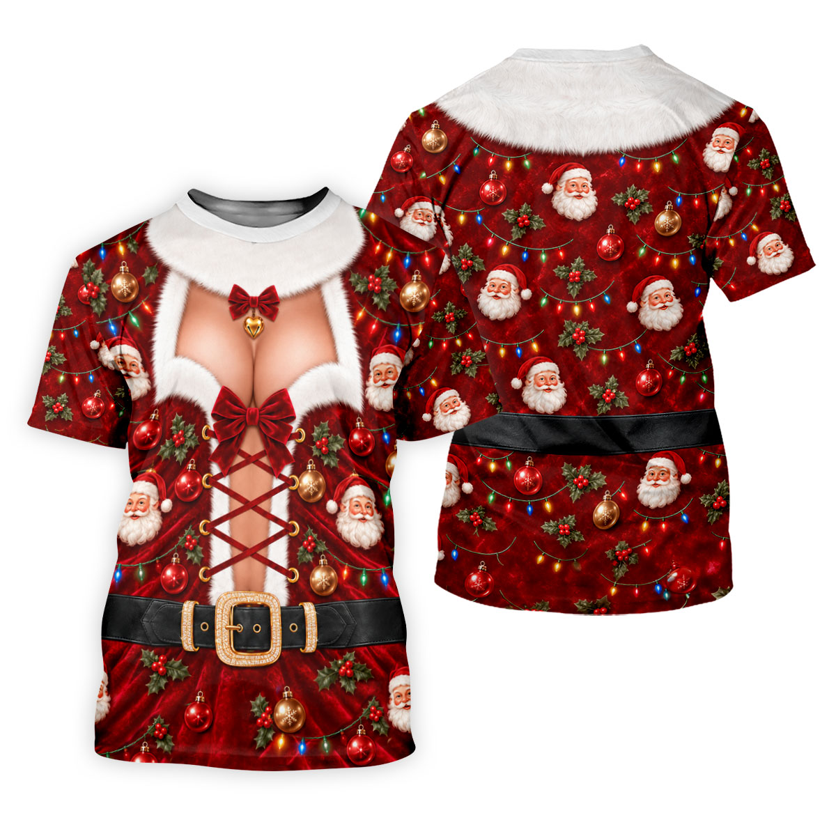 Santa Print Lace Up Corset Christmas Golf Shirt, Ladies Golf Tops, Womens Golf Tops