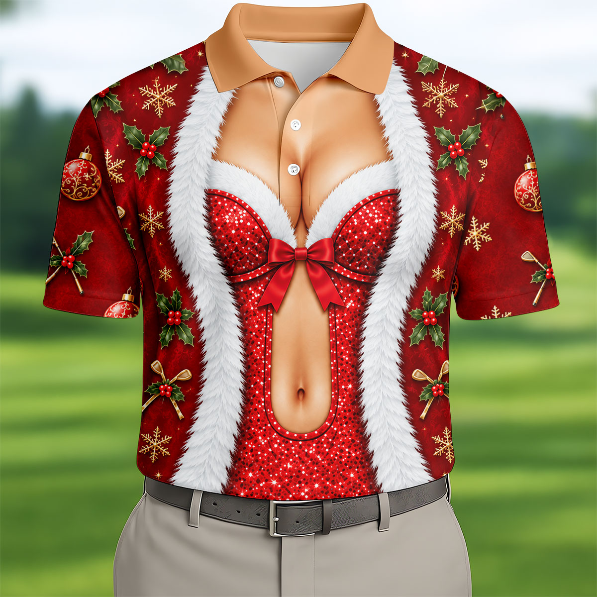 Red Sequin Fur Corset Christmas Golf Shirt, Golf Shirts For Men, Mens Golf Shirts