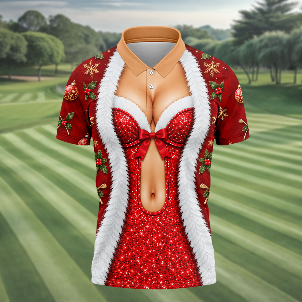 Red Sequin Fur Corset Christmas Golf Shirt, Golf Shirts For Men, Mens Golf Shirts
