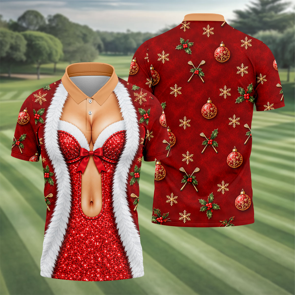 Red Sequin Fur Corset Christmas Golf Shirt, Golf Shirts For Men, Mens Golf Shirts