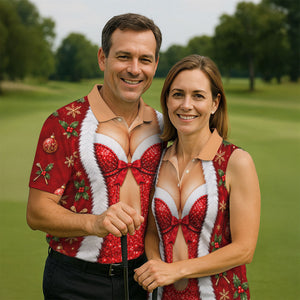 Red Sequin Fur Corset Christmas Golf Shirt, Golf Shirts For Men, Mens Golf Shirts