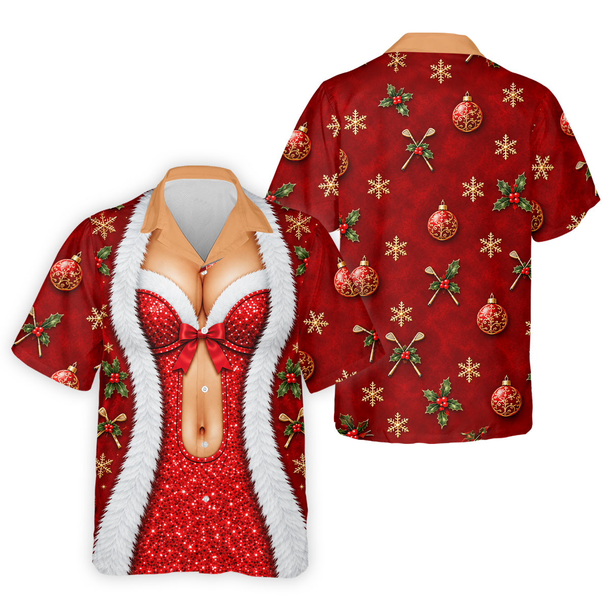 Red Sequin Fur Corset Christmas Golf Shirt, Golf Shirts For Men, Mens Golf Shirts