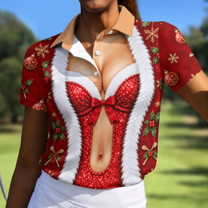 Red Sequin Fur Corset Christmas Golf Shirt, Womens Golf Apparel, Womens Golf Tops