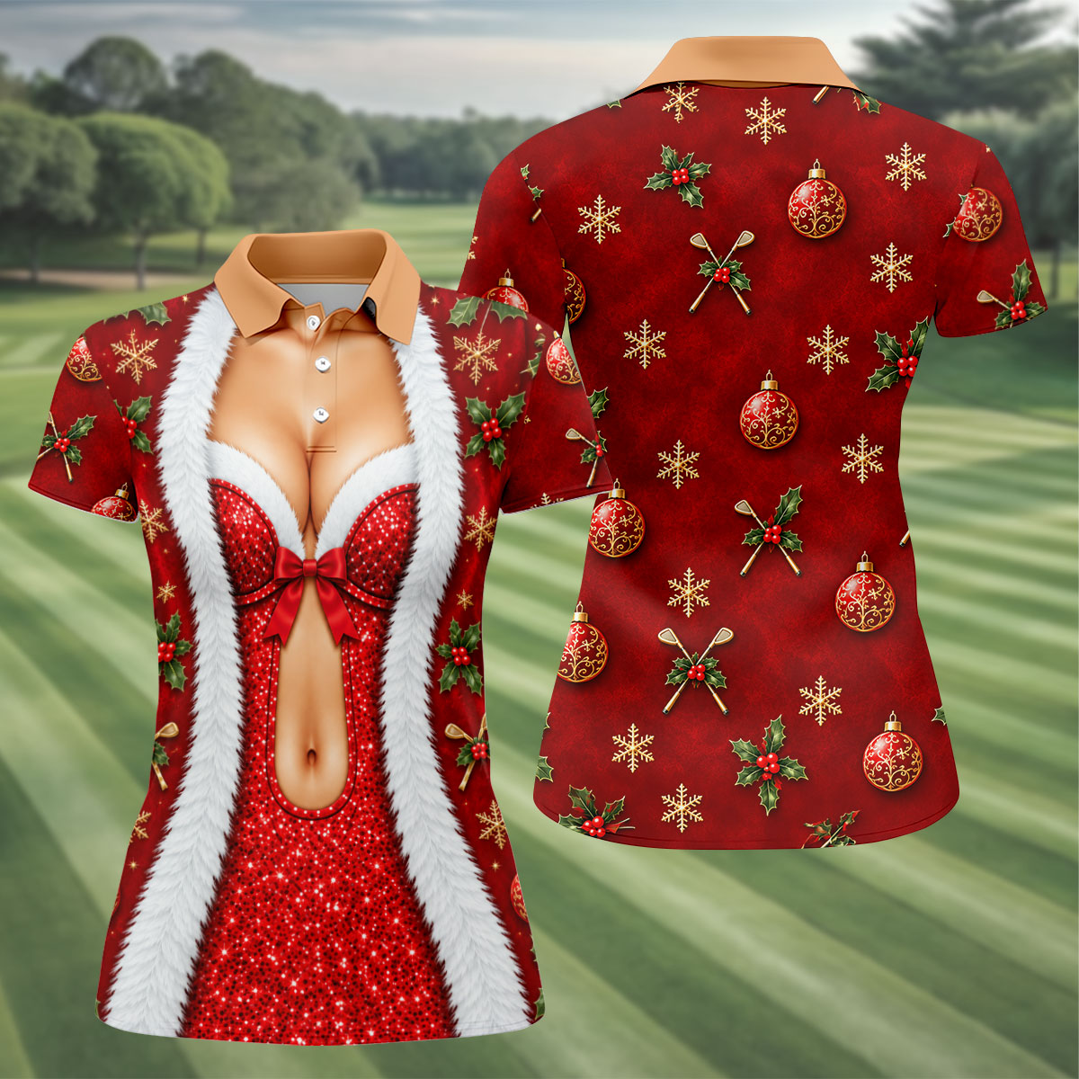Red Sequin Fur Corset Christmas Golf Shirt, Womens Golf Apparel, Womens Golf Tops
