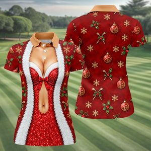 Red Sequin Fur Corset Christmas Golf Shirt, Womens Golf Apparel, Womens Golf Tops