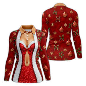 Red Sequin Fur Corset Christmas Golf Shirt, Womens Golf Apparel, Womens Golf Tops