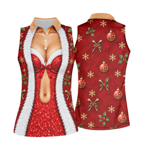 Red Sequin Fur Corset Christmas Golf Shirt, Womens Golf Apparel, Womens Golf Tops