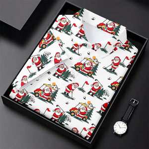 Santa Golf Cart Pattern Christmas Golf Shirt, Golf Shirts For Women, Womens Golf Tops