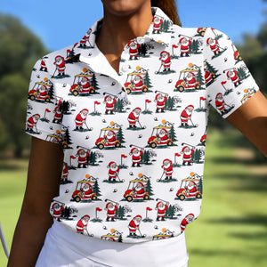 Santa Golf Cart Pattern Christmas Golf Shirt, Golf Shirts For Women, Womens Golf Tops