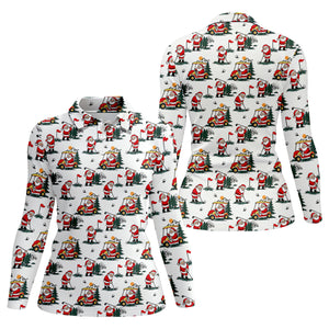 Santa Golf Cart Pattern Christmas Golf Shirt, Golf Shirts For Women, Womens Golf Tops