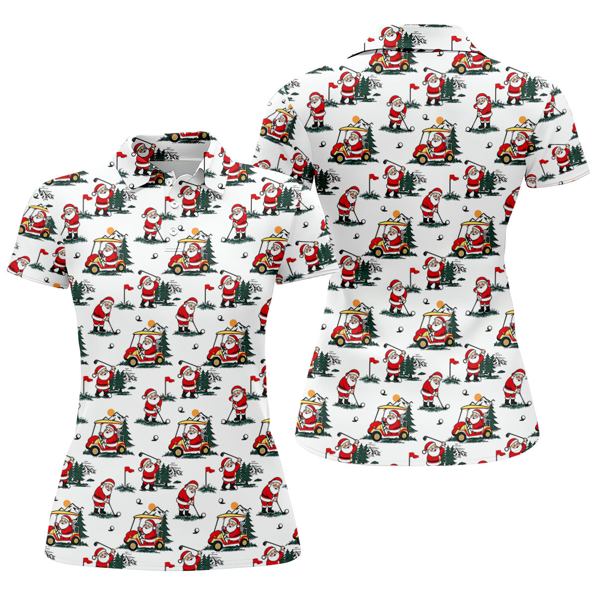 Santa Golf Cart Pattern Christmas Golf Shirt, Golf Shirts For Women, Womens Golf Tops