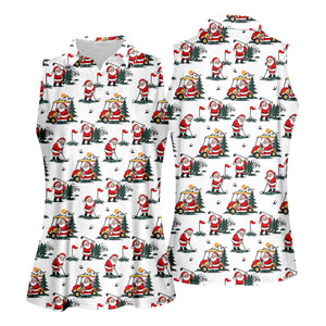 Santa Golf Cart Pattern Christmas Golf Shirt, Golf Shirts For Women, Womens Golf Tops