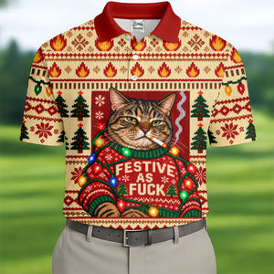 Red Festive As F*ck Cat Christmas Golf Shirt, Mens Golf Clothing, Golf Gifts For Men