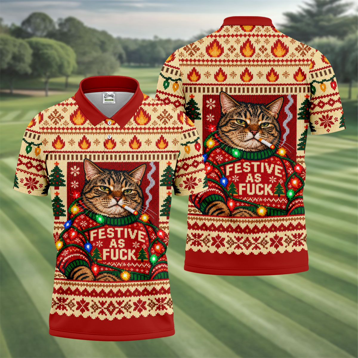 Red Festive As F*ck Cat Christmas Golf Shirt, Mens Golf Clothing, Golf Gifts For Men