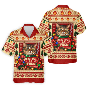 Red Festive As F*ck Cat Christmas Golf Shirt, Mens Golf Clothing, Golf Gifts For Men