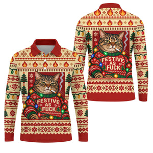 Red Festive As F*ck Cat Christmas Golf Shirt, Mens Golf Clothing, Golf Gifts For Men