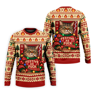 Red Festive As F*ck Cat Christmas Golf Shirt, Mens Golf Clothing, Golf Gifts For Men