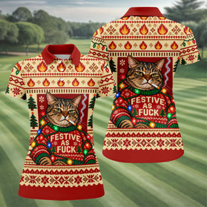 Red Festive As F*ck Cat Christmas Golf Shirt, Womens Golf Apparel, Womens Golf Shirts