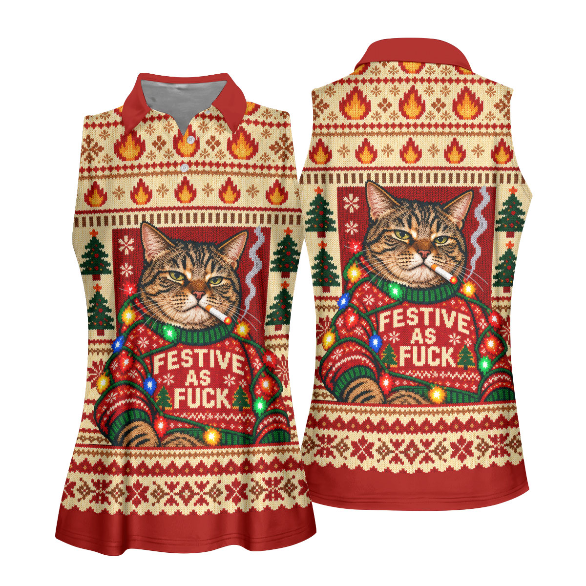 Red Festive As F*ck Cat Christmas Golf Shirt, Womens Golf Apparel, Womens Golf Shirts