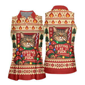 Red Festive As F*ck Cat Christmas Golf Shirt, Womens Golf Apparel, Womens Golf Shirts