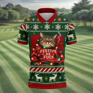 Green Festive As F*ck Cat Christmas Golf Shirt, Mens Golf Shirts, Mens Golf Apparel