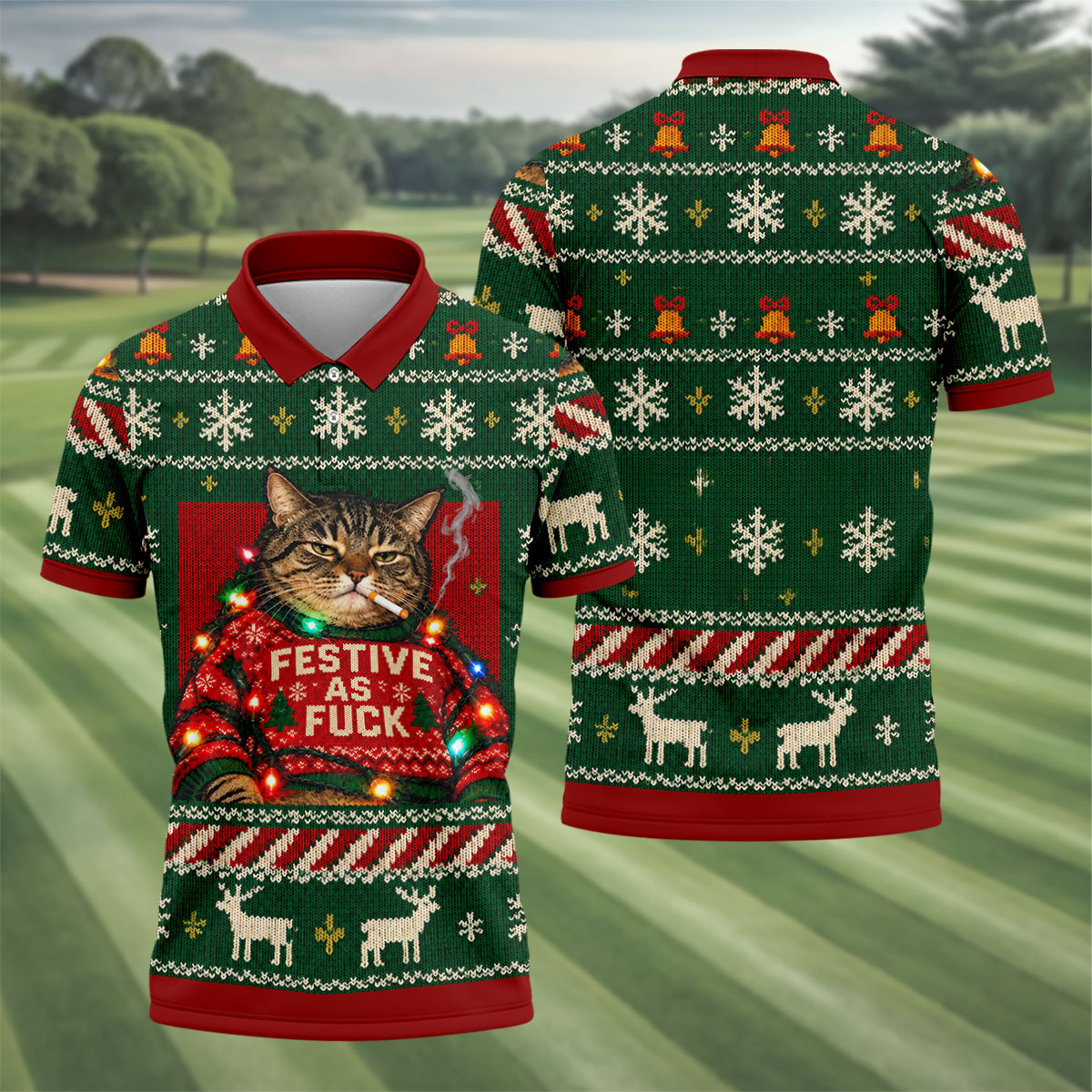 Green Festive As F*ck Cat Christmas Golf Shirt, Mens Golf Shirts, Mens Golf Apparel