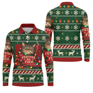 Green Festive As F*ck Cat Christmas Golf Shirt, Mens Golf Shirts, Mens Golf Apparel