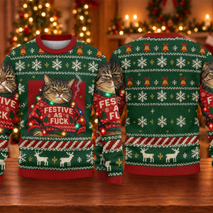 Green Festive As F*ck Cat Ugly Christmas Sweater, Ugly Sweater Party, Christmas Gifts