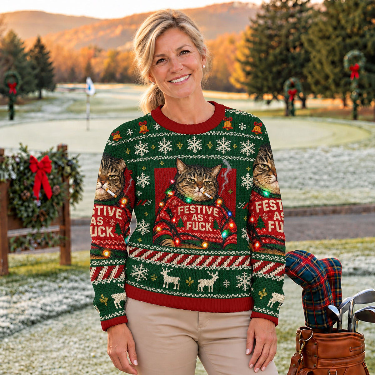 Green Festive As F*ck Cat Ugly Christmas Sweater, Ugly Sweater Party, Christmas Gifts