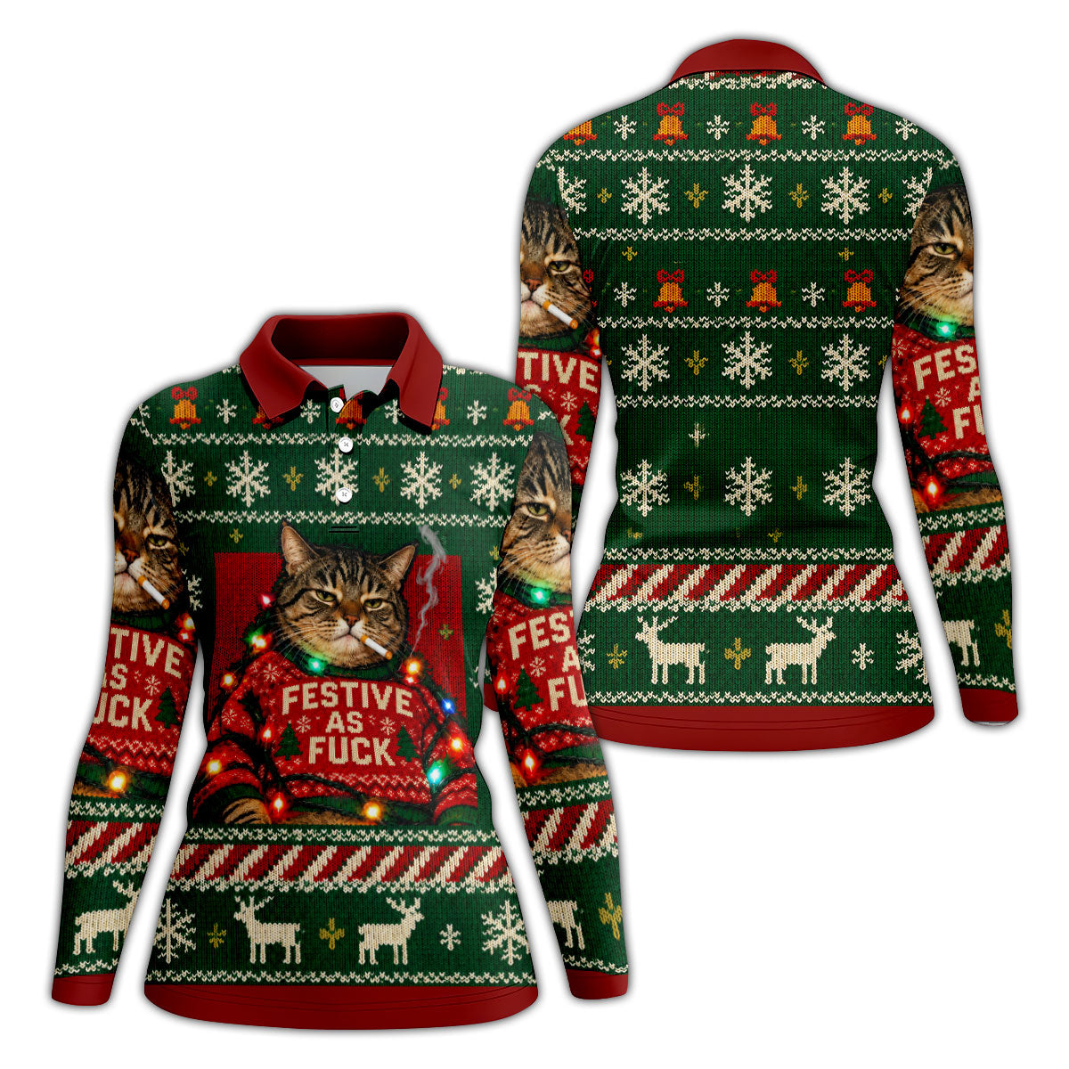 Green Festive As F*ck Cat Christmas Golf Shirt, Ladies Golf Shirts, Womens Golf Tops