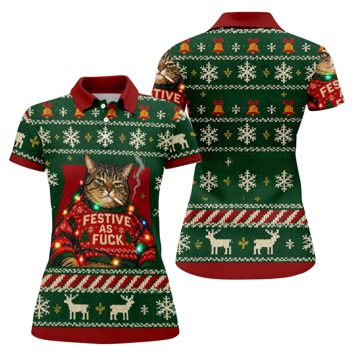 Green Festive As F*ck Cat Christmas Golf Shirt, Ladies Golf Shirts, Womens Golf Tops