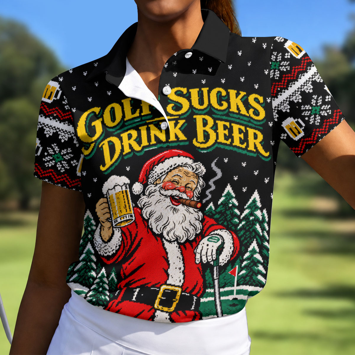 Golf Sucks Drink Beer Santa Christmas Golf Shirt, Womens Golf Tops, Ladies Golf Tops