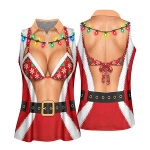 Santa Coat Bikini Lights Christmas Golf Shirt, Ladies Golf Tops, Womens Golf Apparel